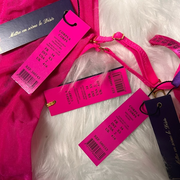 NWT Maison Close Corps à Corps Neon Pink Triangle Bra Thong and Garter Belt Set